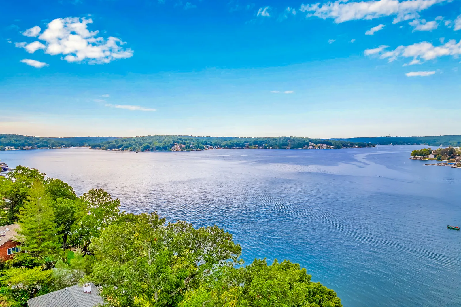 The lake from above the treetops, the far shore and its houses low on the horizon